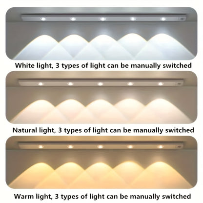 Motion Sensor LED Strip Light USB Rechargeable – 3-Color Dimmable Wireless Night Light for Kitchen, Wardrobe, Cabinet, Shoe Cabinet & Bedroom (20cm / 30cm / 40cm / 50cm, 1 or 2 Pack)