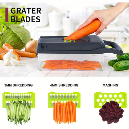 Vegetable Chopper 16-in-1 Manual Food Chopper Set – 8 Interchangeable Blades with Container, Grater & Strainer – Professional Onion Slicer & Dicer for Carrots, Garlic & Salad Kitchen Prep
