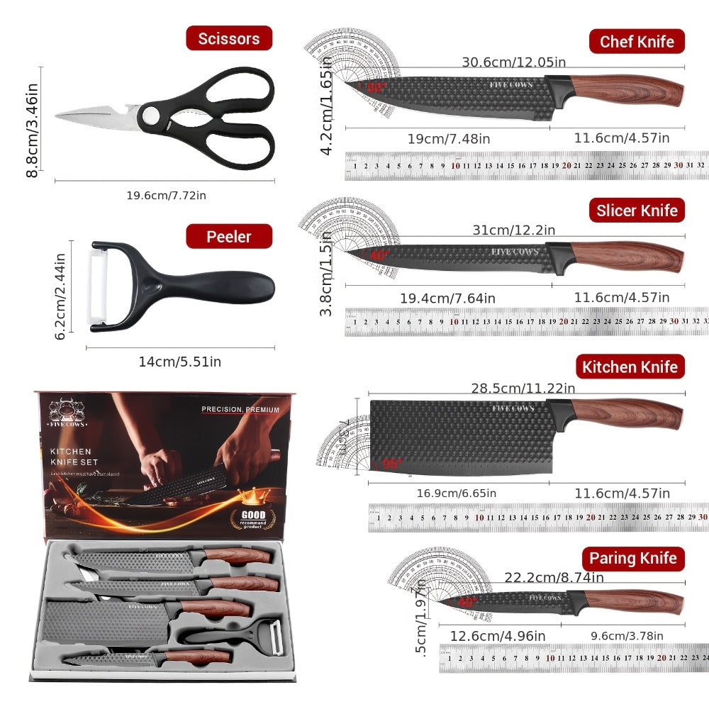 Kitchen Knife Set 6 & 7-Piece High-Carbon Stainless Steel with Ergonomic Wooden Handles – Ultra-Sharp Chef's Knife, Peeler & Scissors