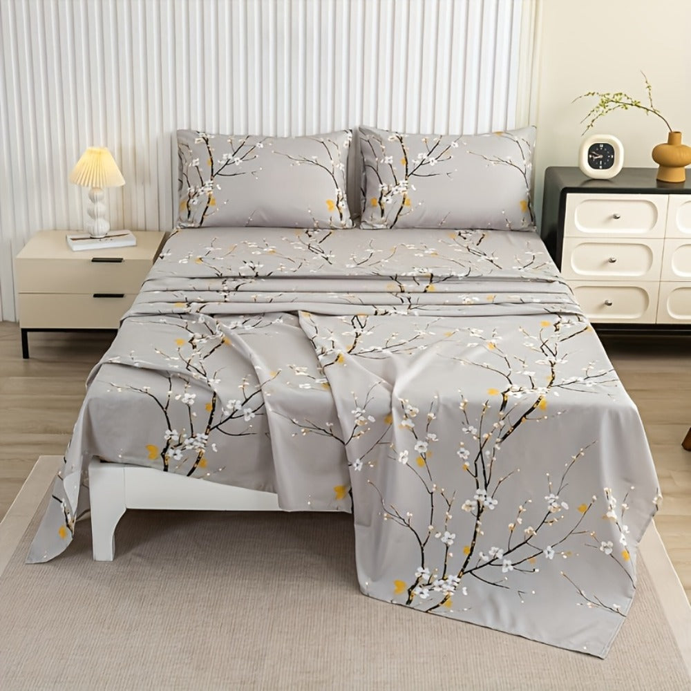 Fitted Sheet Set 4-Piece Plum Blossom Floral Print | Deep Pocket 15" Bed Sheets Twin Full Queen King | Soft Polyester Bedding Set with 2 Pillowcases, All-Season Machine Washable
