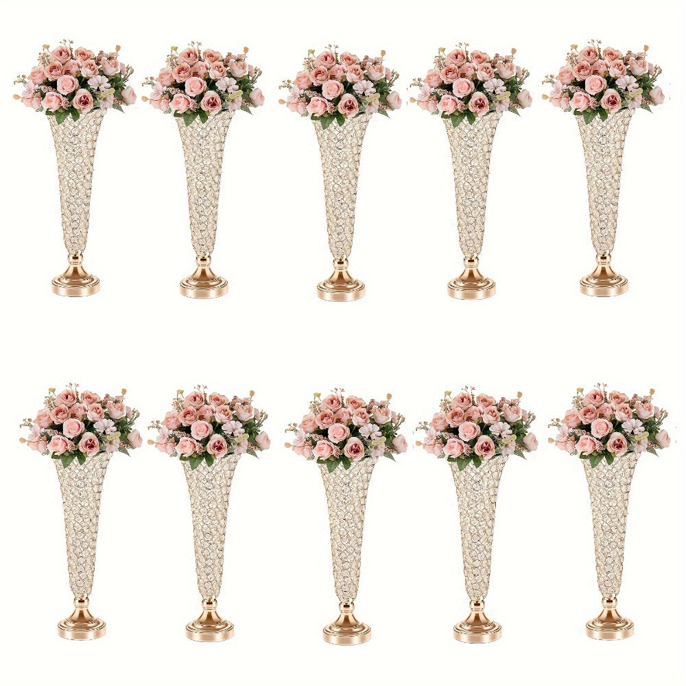 Crystal Trumpet Flower Vase Centerpieces for Wedding Table – Bling Wrought Crystal Vases for Party, Anniversary, Birthday, Banquet & Home Decor, Gold & Silver, 2pcs or 10pcs Set