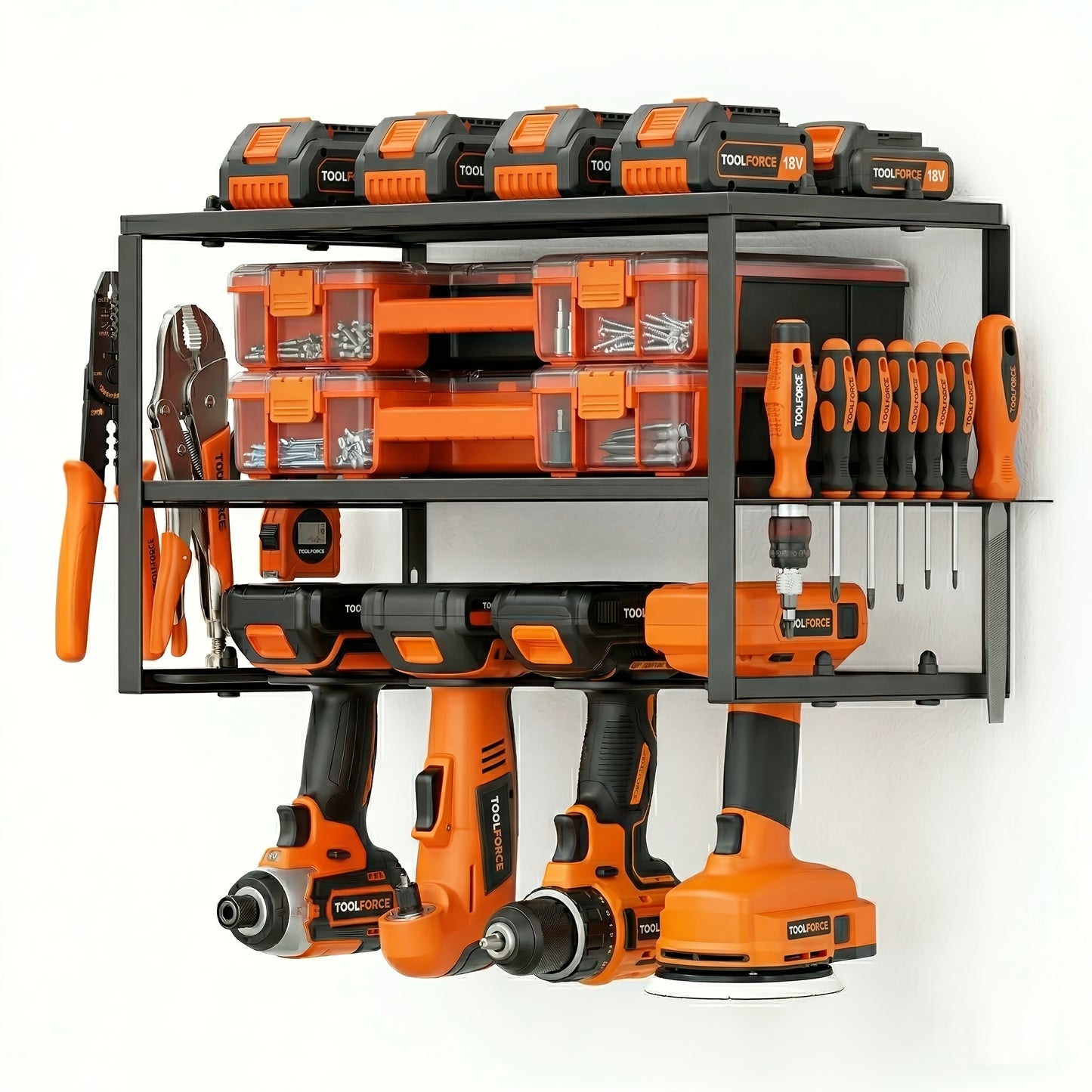 Power Drill Holder Wall Mount – Heavy Duty Tool Storage Rack with 3/4 Layer Floating Shelf | Cordless Drill Organizer | 4/6/8 Drill Holders Workshop Tool Rack for Garage & Workshop Organization