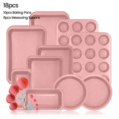 Nonstick Baking Pan Set 2 to 18pcs Carbon Steel Round Square Cake Pan Muffin Pan Bread Pan Cookie Sheet Pizza Pan Wire Rack Whisk Spatula Measuring Spoon Complete Bakeware Set