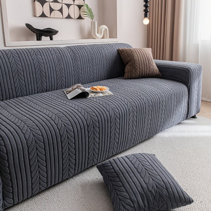 Couch Cover Full Coverage Elastic Velvet Jacquard Sofa Slipcover with Pillowcase - Non-Slip Thick Soft Pet Friendly Machine Washable Fits 1 2 3 4 Seater Living Room Bedroom