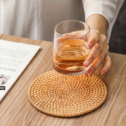 Rattan Woven Coasters Set of 6 Handcrafted Heat-Resistant Non-Slip Drink Mats Boho Table Decor for Kitchen Dining Room Coffee Table Tabletop Protection Holiday Gift