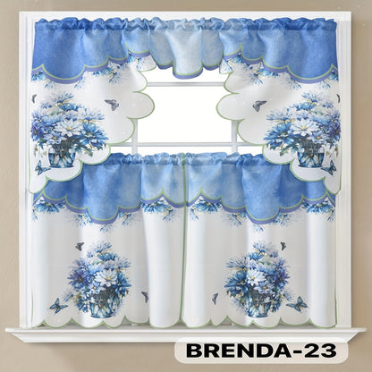 Kitchen Curtains 3 Piece Set Embroidered Satin Valance and Tiers - Rod Pocket Light Filtering Machine Washable 46 Colors Available All Season Home Decor