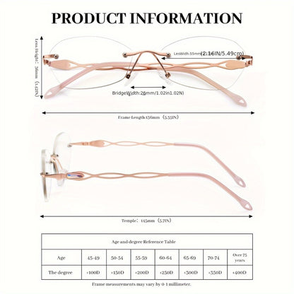 Rimless Reading Glasses for Women 3 Pack - Blue Light Blocking Lightweight Metal Frameless Readers with Anti Eyestrain Lenses, Multiple Colors and Magnifications 1.0X to 4.0X