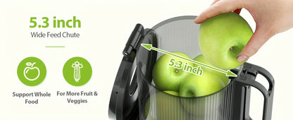 Cold Press Slow Juicer Machine with 5.3-Inch Large Feed Chute - High Juice Yield, Safety Lock, One-Click Cleaning, Masticating Juicer for Whole Fruits & Vegetables, Family Healthy Lifestyle, Black