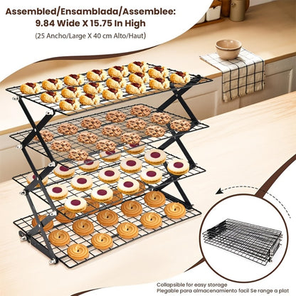 4-Tier Collapsible Cooling Rack Set with Muffin Cups - Metal Wire Baking Rack for Cookies Cakes Bread Roasting BBQ Countertop Kitchen Drying Rack