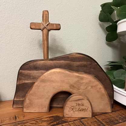 Easter Cross Decoration Wood He Is Risen Wooden Tomb Easter Resurrection Scene for Tray, Tabletop & Shelf – Religious Nativity Decor for Home & Office