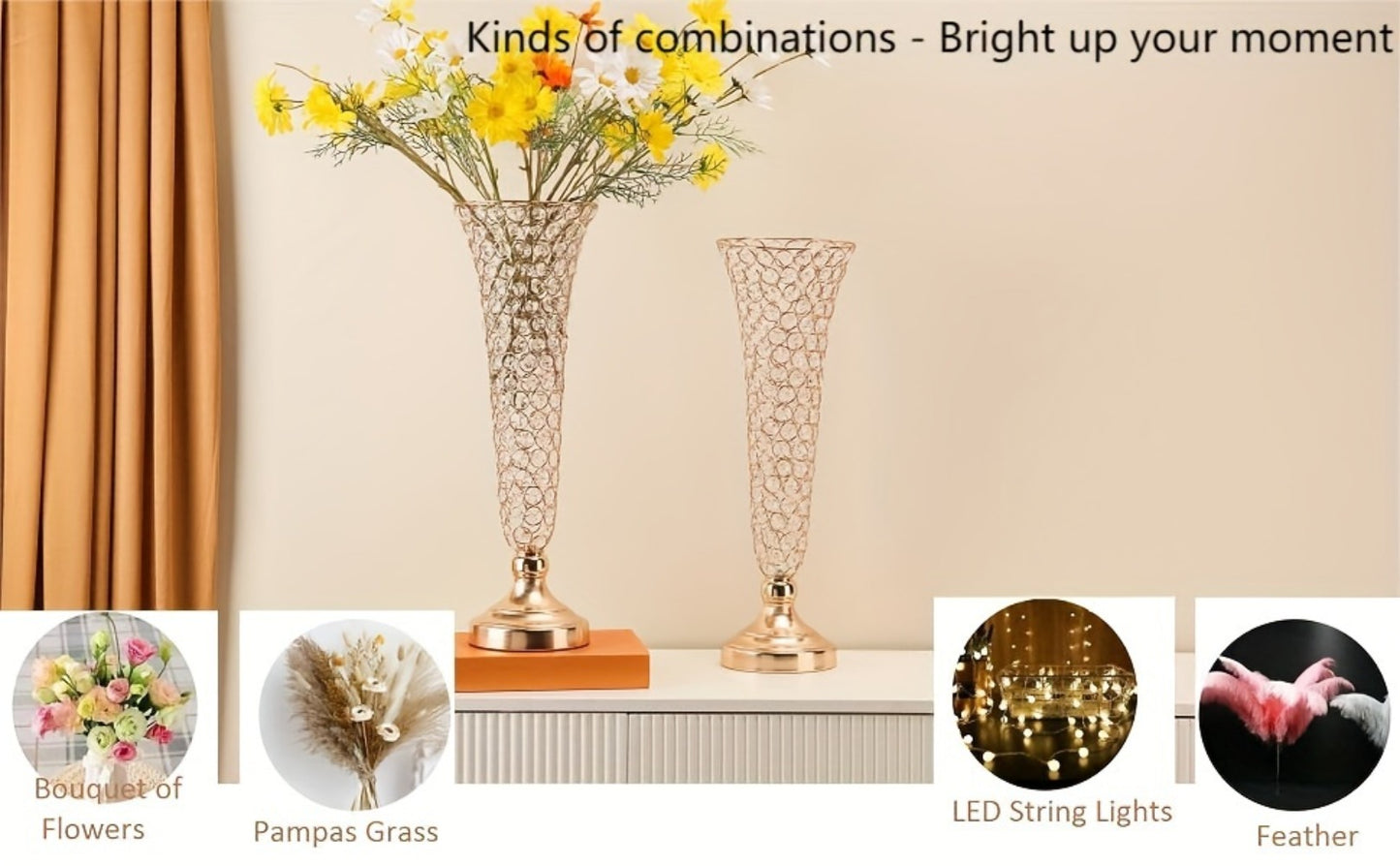 Crystal Trumpet Flower Vase Centerpieces for Wedding Table – Bling Wrought Crystal Vases for Party, Anniversary, Birthday, Banquet & Home Decor, Gold & Silver, 2pcs or 10pcs Set