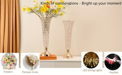 Crystal Trumpet Flower Vase Centerpieces for Wedding Table – Bling Wrought Crystal Vases for Party, Anniversary, Birthday, Banquet & Home Decor, Gold & Silver, 2pcs or 10pcs Set