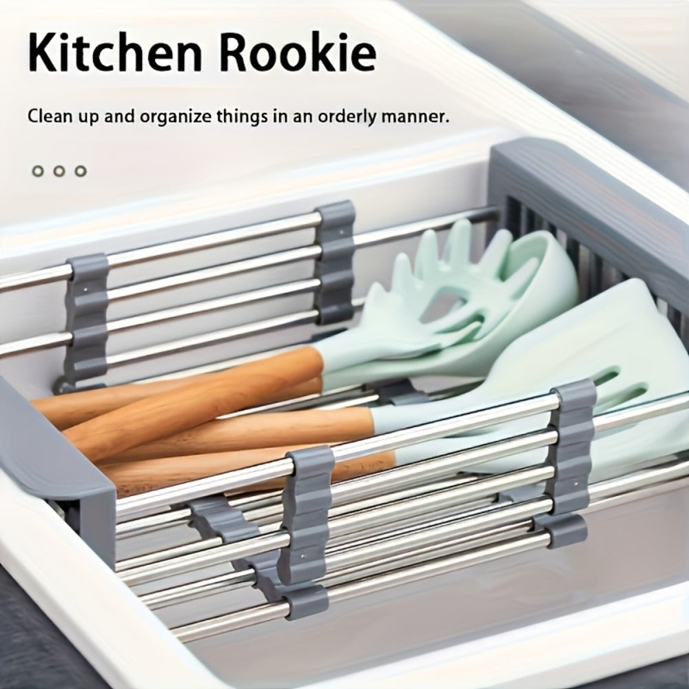 Dish Drying Rack Stainless Steel Adjustable – Expandable Over Sink Dish Rack with Retractable Width & Height for Kitchen Countertop, Space-Saving 304 Stainless Steel Drainer, Easy to Clean