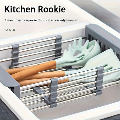Dish Drying Rack Stainless Steel Adjustable – Expandable Over Sink Dish Rack with Retractable Width & Height for Kitchen Countertop, Space-Saving 304 Stainless Steel Drainer, Easy to Clean