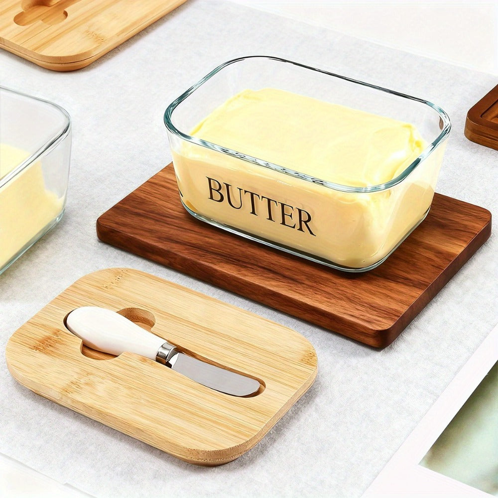 Glass Butter Dish with Lid and Knife – 1lb Large Airtight Butter Keeper Clear Glass Countertop Butter Container for Refrigerator Door Shelf Kitchen Decor & Gift