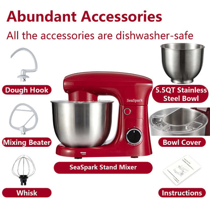 3-in-1 Stand Mixer 10-Speed Tilt-Head with Pulse - 5.5QT Stainless Steel Bowl Kitchen Mixer with Dough Hook, Flat Beater & Egg Whisk, Spatula Included, 5L Capacity, Red, Black, Silver