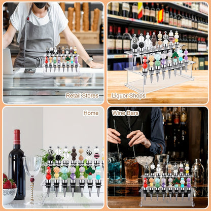 Beadable Wine Bottle Stoppers Set of 20 with 16-Slot Clear Acrylic 2-Tier Display Stand Rack - DIY Customizable Wine Stoppers Holder for Countertop, Wine Bar Decor, Gifts for Wine Lovers