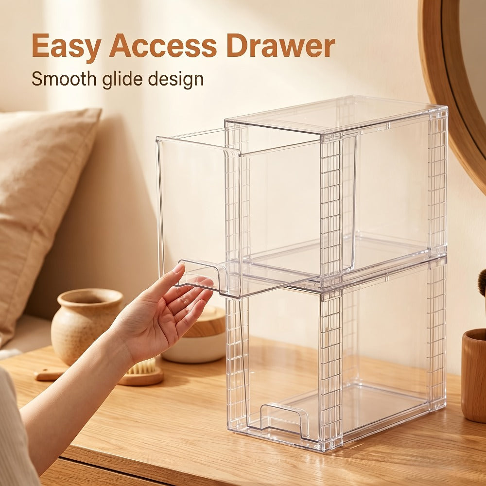 Under Sink Organizer 4 Pack - Clear Stackable Plastic Storage Bins, Drawer Organizer for Bathroom, Kitchen Cabinet, Pantry & Vanity - 9.7" High Undersink Storage