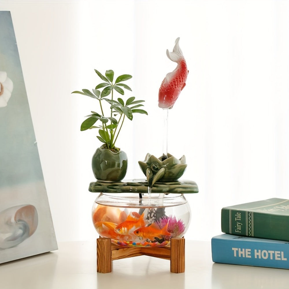 USB Desktop Fish Waterfall Fountain with Glass Bowl – Relaxing Indoor Water Feature Tabletop Decor Zen Fountain Gift