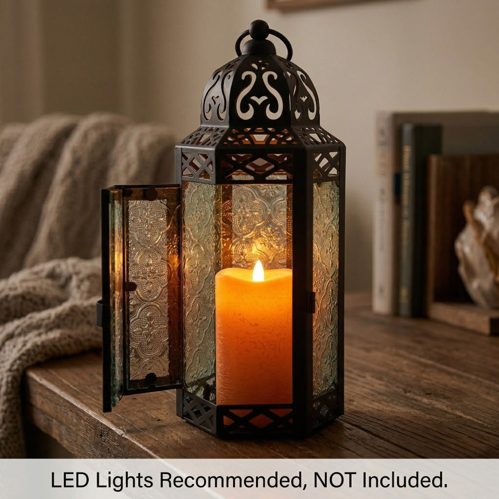 Moroccan Candle Lantern Holder - Decorative Metal & Glass Lantern with Embossed Floral Design for Indoor Home Decor, Garden, Patio, Weddings, Ramadan, Halloween & Holiday Celebrations - 10.5" Tall Medium Size