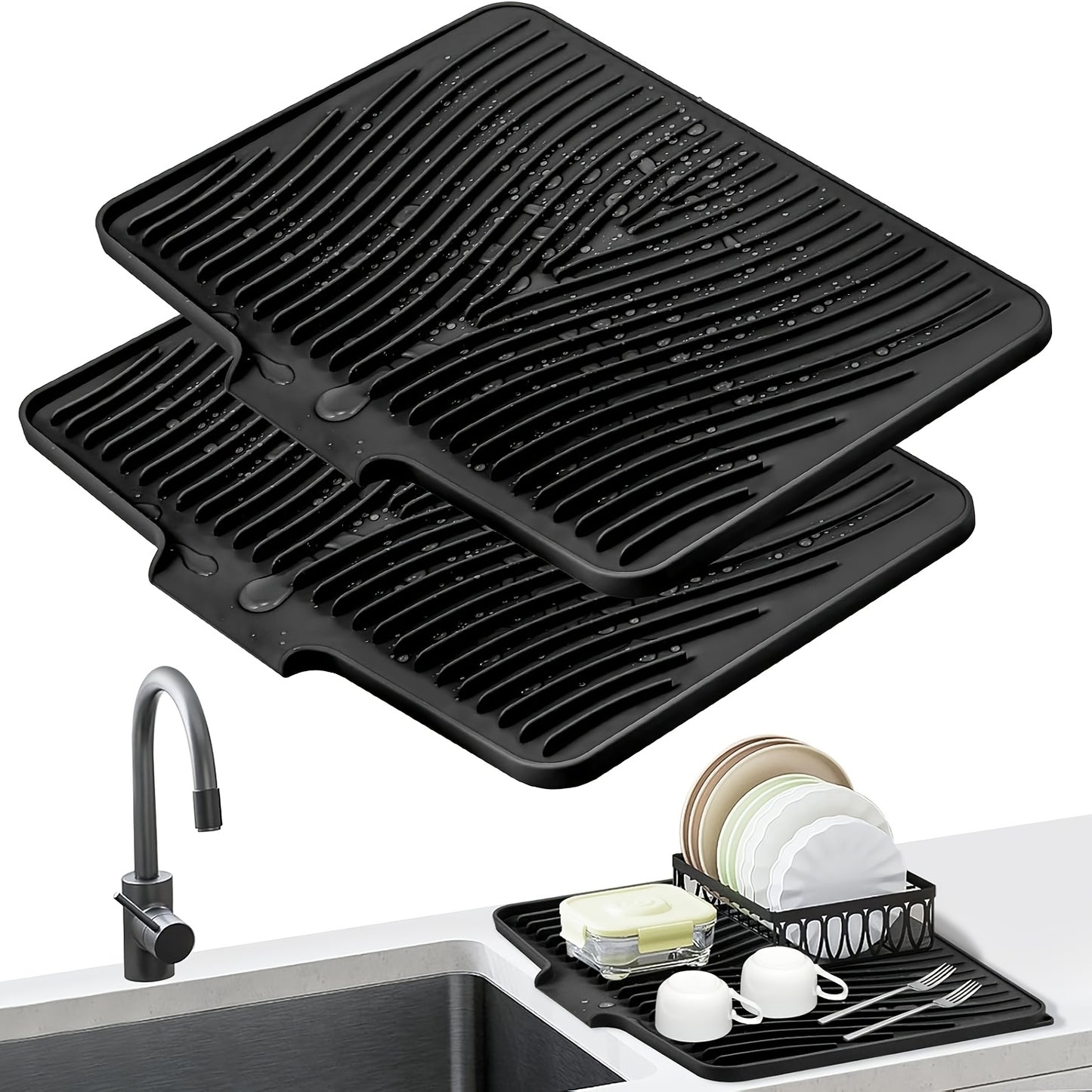 Silicone Dish Drying Mat Large 34.5x19in Slope Drain Design Kitchen Counter Drying Pad for Dishes Utensils & Countertop – Heat Resistant Non-Slip Draining Mat