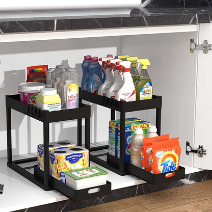 Under Sink Organizer Set of 2 – Dual Tier Sliding Basket Drawers with 8 Hooks Kitchen Bathroom Cabinet Storage