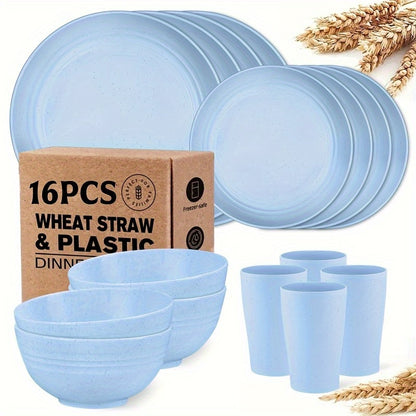 Wheat Straw Dinnerware Set 16 or 32 Piece – Plates & Bowls for 4 or 8 People, Microwave & Dishwasher Safe Plastic Dish Set, Lightweight Colorful Tableware for Home, Party & Holiday