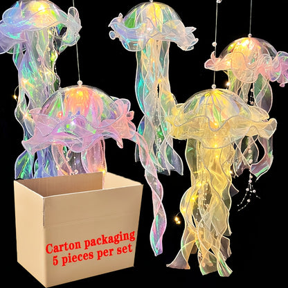 Jellyfish Lantern Party Decorations 5 Pack – Colorful Translucent Ribbon Hanging Lights for Halloween Christmas Wedding Birthday, Indoor Outdoor Festive Event Decor (Crystal Ribbon / Set)