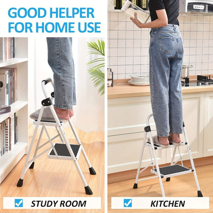 2 Step Ladder Foldable Heavy Duty Steel, Non-Slip Wide Pedal Step Stool with Safety Handle, Lightweight Portable Folding Step Ladder for Home Kitchen Bathroom Garage, 250lb Capacity, White & Red