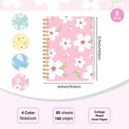 A6 Spiral Notebooks 8 Pack - Floral Design College Ruled Journals with Tear-Off Pages | Portable Memo Pads for Students & Office | Gift Set