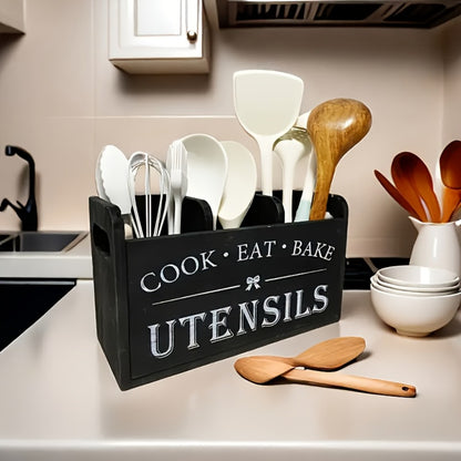 Wooden Kitchen Utensil Holder 3 Compartment Countertop Organizer, Rustic Wood Kitchen Tool Storage Box Wall Mounted or Countertop, Country Style Kitchen Accessories for Cook Bake Eat Tools