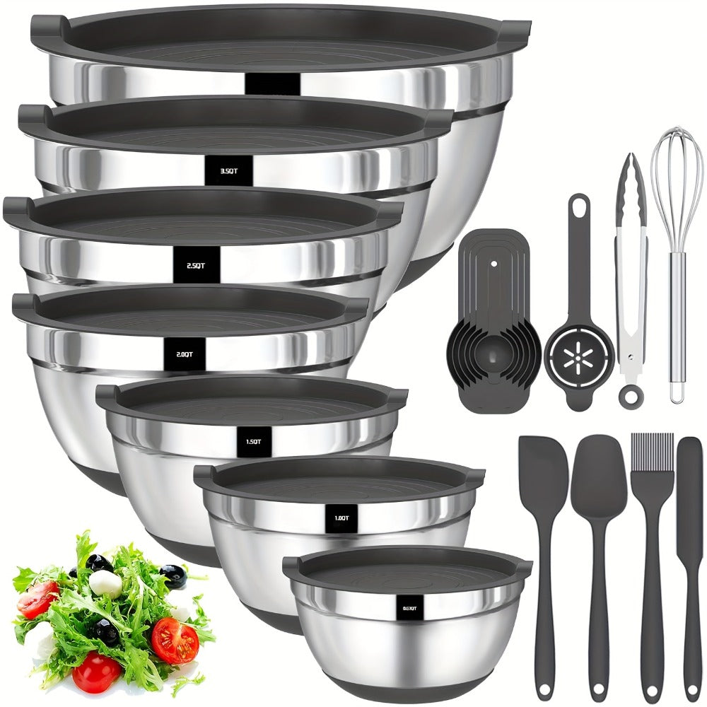 Stainless Steel Mixing Bowls with Airtight Lids 20-Piece Set – Non-Slip Silicone Bottom, Nesting Bowls in 7 Sizes (0.67–7 QT) for Mixing, Baking & Serving – Kitchen Bowl Set with Lids