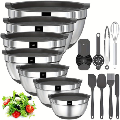 Stainless Steel Mixing Bowls with Airtight Lids 20-Piece Set – Non-Slip Silicone Bottom, Nesting Bowls in 7 Sizes (0.67–7 QT) for Mixing, Baking & Serving – Kitchen Bowl Set with Lids