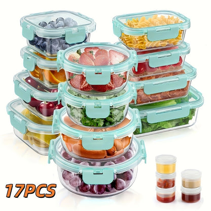 Borosilicate Glass Food Storage Containers Set – 10/12/17pcs Airtight Meal Prep Bento Boxes with Locking Lids, BPA Free, Microwave & Dishwasher Safe, Leak Proof, Mixed Colors