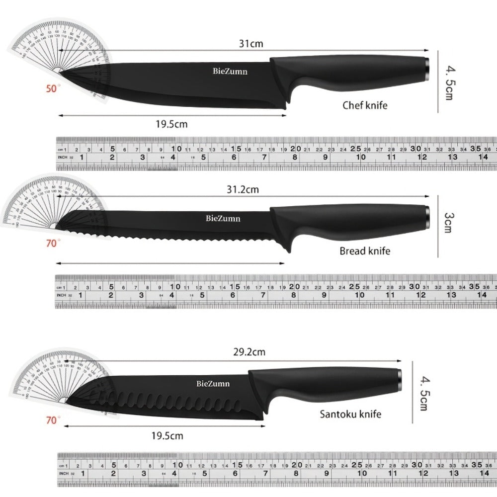 Kitchen Knife Set – 3-Piece & 14-Piece Multi-Purpose Chef’s Knife, Steak Knife, Fruit Knife & Scissors with Storage Block, Black