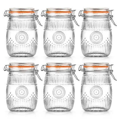 Mason Jars 6 Pack 32oz Wide Mouth Airtight Glass Canister Set with Hinged Lids Vintage Sunflower Pattern Kitchen Storage Jars for Coffee Sugar Beans Spices Dry Goods Pantry Organization