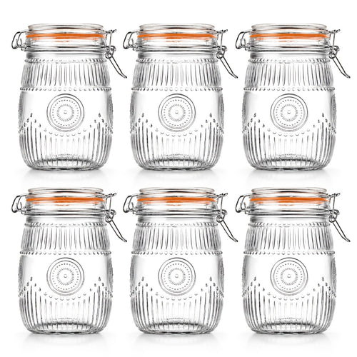 Mason Jars 6 Pack 32oz Wide Mouth Airtight Glass Canister Set with Hinged Lids Vintage Sunflower Pattern Kitchen Storage Jars for Coffee Sugar Beans Spices Dry Goods Pantry Organization