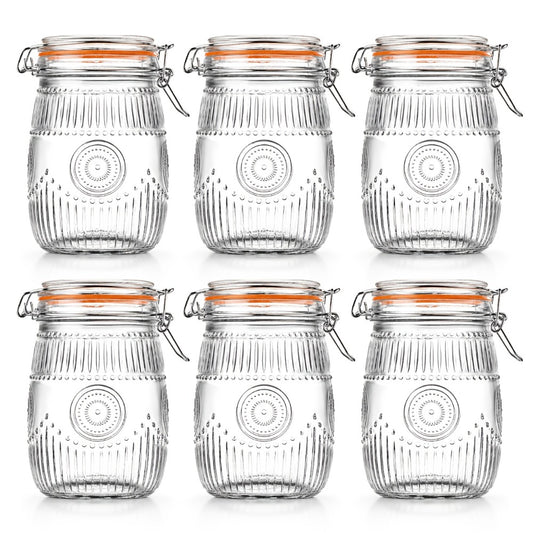 Mason Jars 6 Pack 32oz Wide Mouth Airtight Glass Canister Set with Hinged Lids Vintage Sunflower Pattern Kitchen Storage Jars for Coffee Sugar Beans Spices Dry Goods Pantry Organization