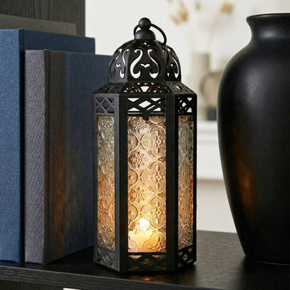 Moroccan Candle Lantern Holder - Decorative Metal & Glass Lantern with Embossed Floral Design for Indoor Home Decor, Garden, Patio, Weddings, Ramadan, Halloween & Holiday Celebrations - 10.5" Tall Medium Size