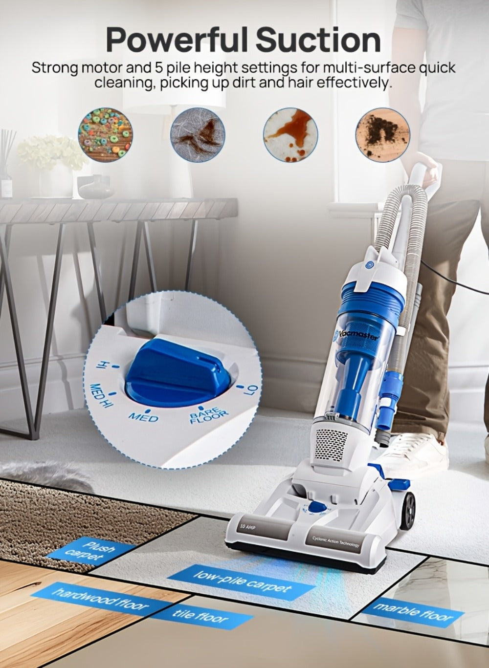 Bagless Upright Vacuum Cleaner Vacmaster UC0101 Strong Suction 20ft Cord 13-Inch Cleaning Path for Carpet Hard Floor Pet Hair Portable Home Floor Cleaner
