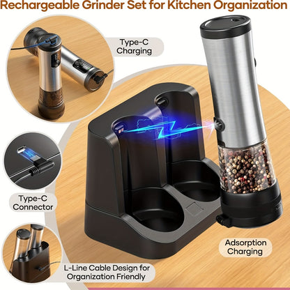 Electric Salt and Pepper Grinder Set Rechargeable USB Large Capacity with Base Automatic Adjustable Coarseness LED Display Kitchen Gift Silver Black