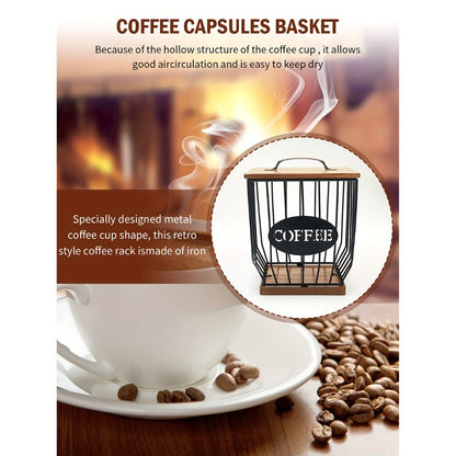 K-Cup Coffee Pod Holder Rack with Lid – Large Capacity Black Metal Square Coffee Capsule Storage Organizer with Wooden Base, Modern Coffee Bar Countertop Decoration for Coffee Beans & Capsules – Black