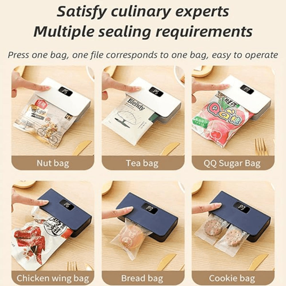 Portable Mini Bag Sealer USB Rechargeable – Handheld Food Sealer with Built-In Cutter for Fruits, Vegetables, Snacks & Chips – Compact Kitchen & Outdoor Picnic Sealing Tool, White & Blue