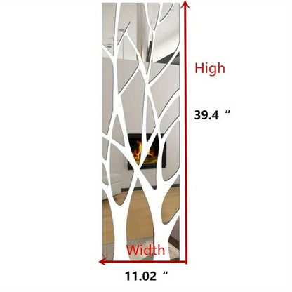 3D Mirror Tree Acrylic Wall Sticker – Removable Reflective Wall Decal for Living Room, Bedroom, TV Wall & Sofa Area | Glossy Silver Mirror Finish Wall Art Decor | 1000x280mm