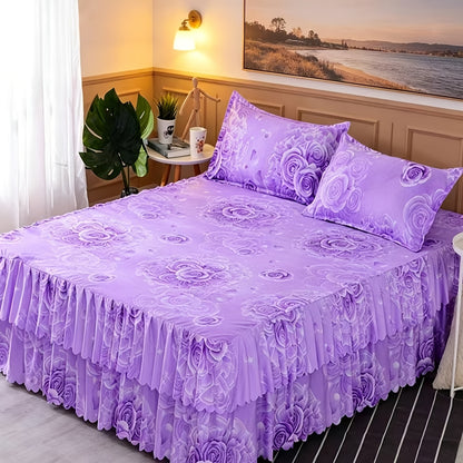 Floral Bed Skirt Set 3 Piece Tropical Print Ruffle Bed Skirt with 2 Pillowcases All-Season Polyester Machine Washable Bedroom Bedding Set Pink Purple Blue Peony Rose 150x200 180x200 200x220