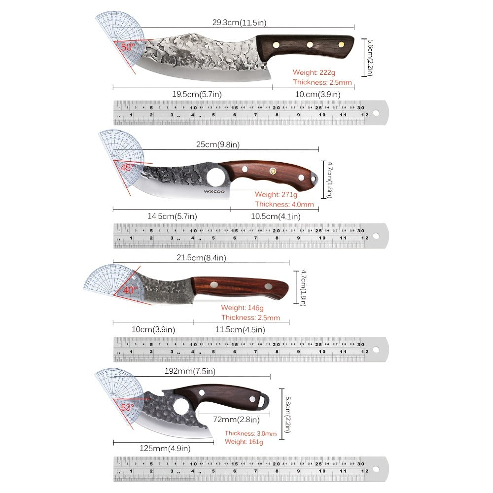 Chef Knife Set Stainless Steel, Professional Kitchen Knife Set with Boning Knife & Utility Knife, Viking BBQ Knife with Hammered Blade & Wood Handle, Multipurpose Cooking Knives for Meat Fish Vegetable