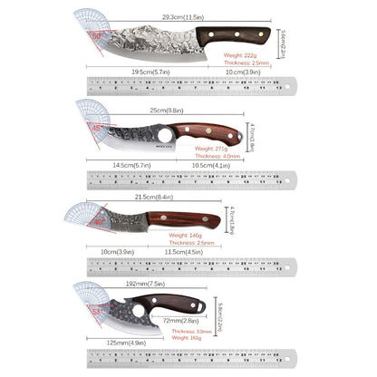 Chef Knife Set Stainless Steel, Professional Kitchen Knife Set with Boning Knife & Utility Knife, Viking BBQ Knife with Hammered Blade & Wood Handle, Multipurpose Cooking Knives for Meat Fish Vegetable