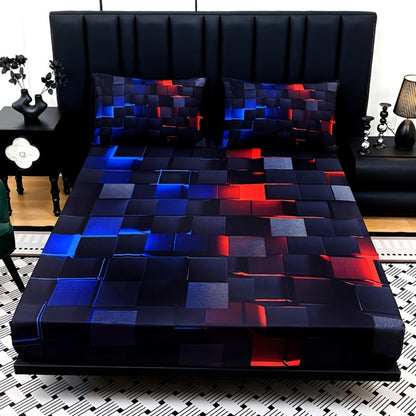 Fitted Sheet Set 3pcs Plaid Digital Print Deep Pocket 15" All Season Bed Sheet + 2 Pillowcases No Filling Twin Full Queen King