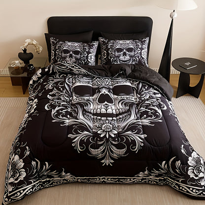 Skull Quilt Set 3pcs Gothic Victorian Comforter with 2 Pillowcases | Black Gray Digital Print Bedding Twin Full Queen King
