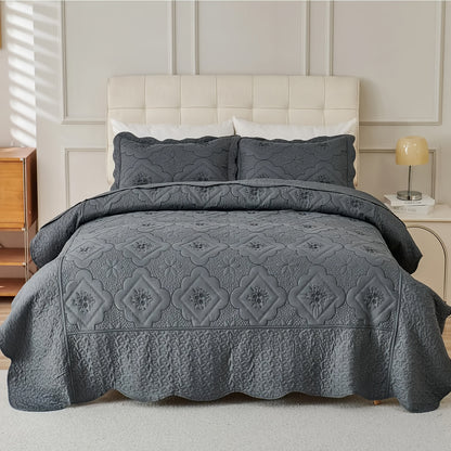 Quilt Set 3 Piece Floral Embroidery Bedspread - 100% Polyester Wrinkle Resistant Lightweight Quilted Coverlet with 2 Pillow Shams for Full Queen King Bed, Elegant Bedroom Decor in 19 Colors